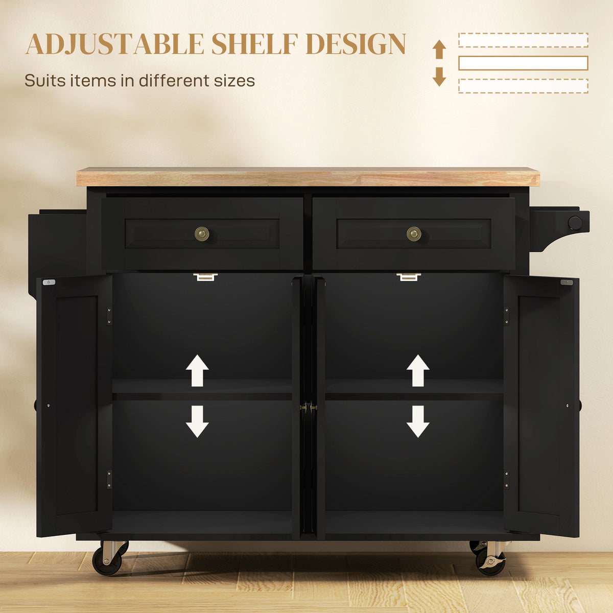 Black kitchen island with open cabinet doors revealing adjustable storage shelves