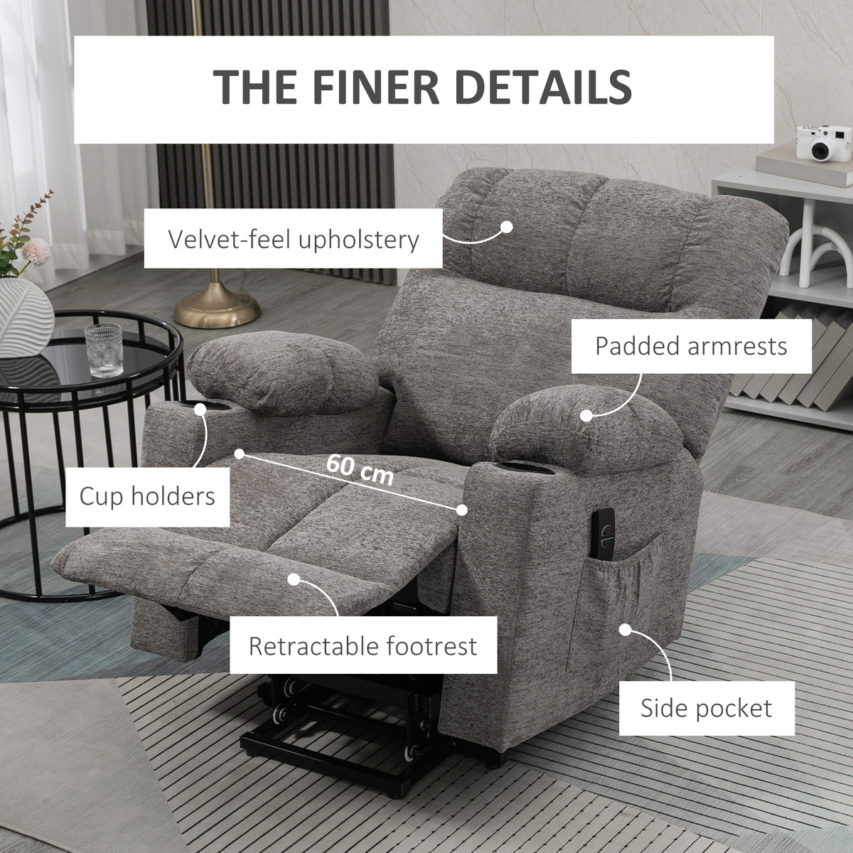 Grey recliner chair with padded arms, cup holders, side pocket and extended footrest