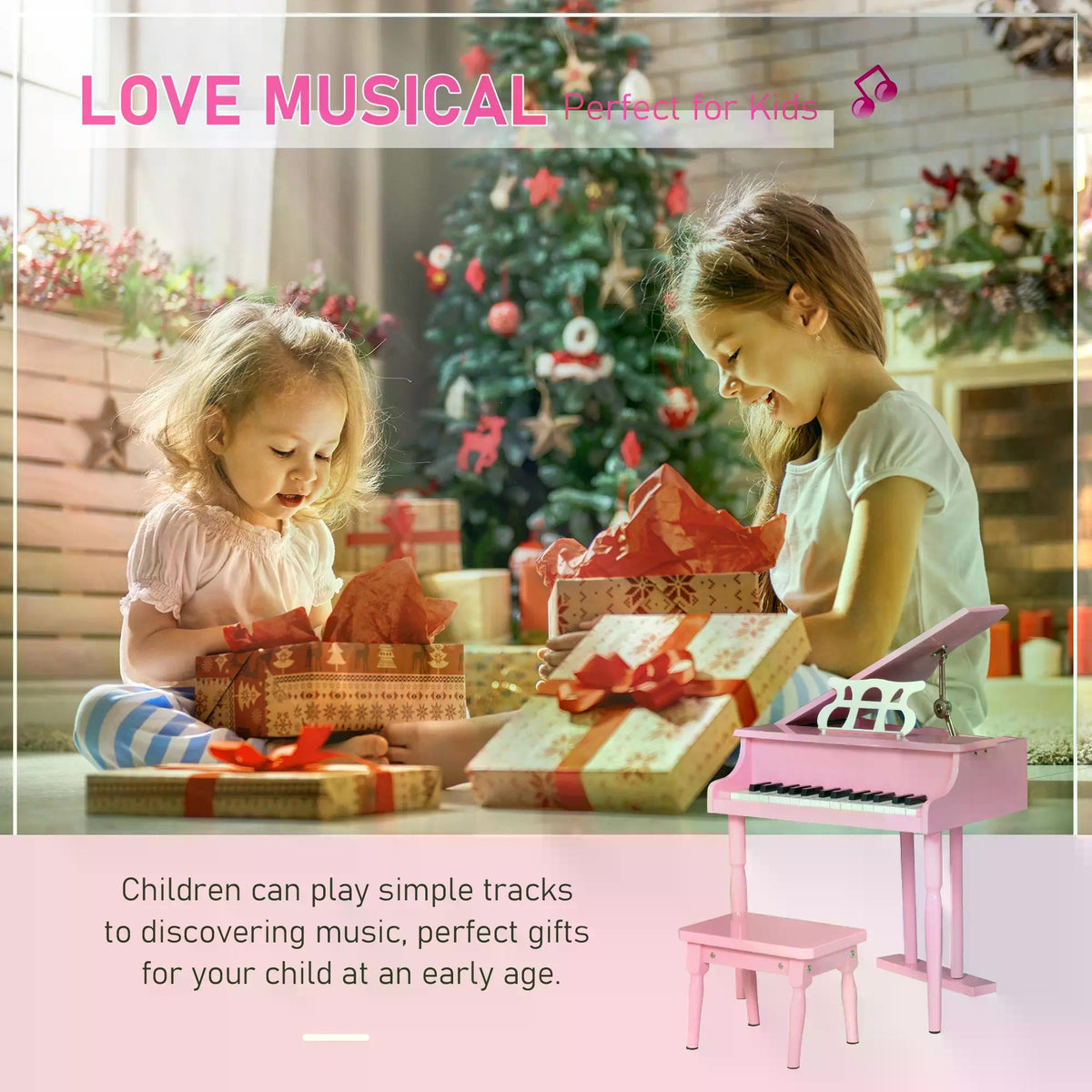 Pink mini piano and matching bench shown beside children opening gifts