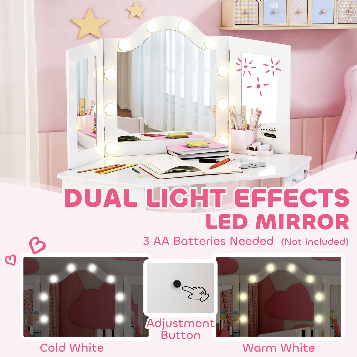 AIYAPLAY Kids Dressing Table and Stool Set, Girls Vanity Table with 2-Colour LED Lights, Tri-Folding Mirror, White