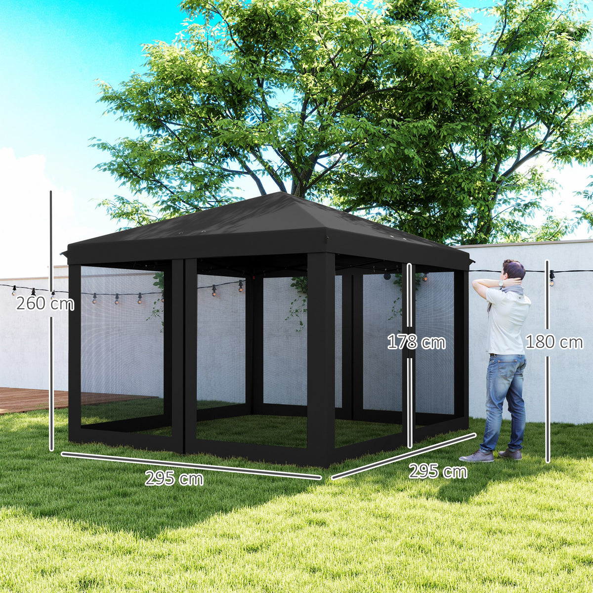 Outsunny black mesh pop-up gazebo with dimensions of about 295 by 295 cm