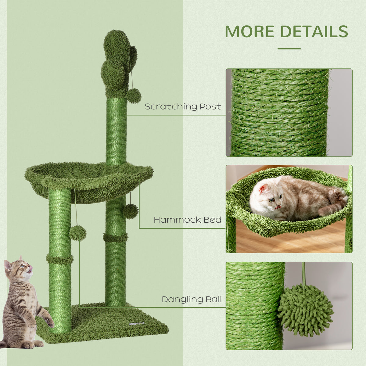 Green cactus cat tree with hammock, sisal scratching posts, and dangling ball details