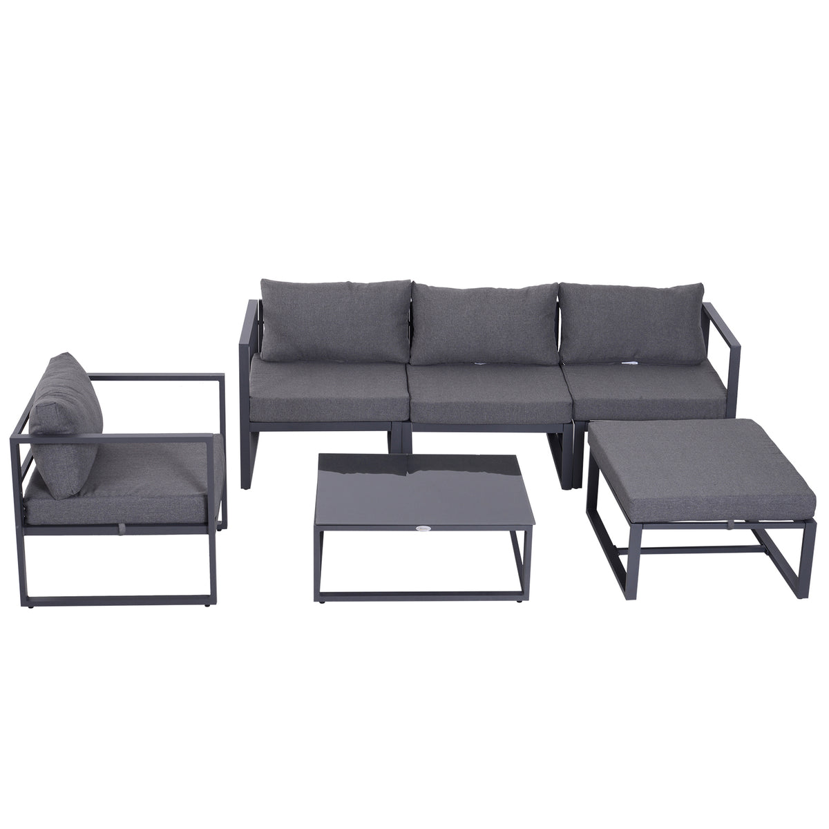 Outsunny gray sectional seating set arranged with armchair, three-seat sofa, coffee table and footrest