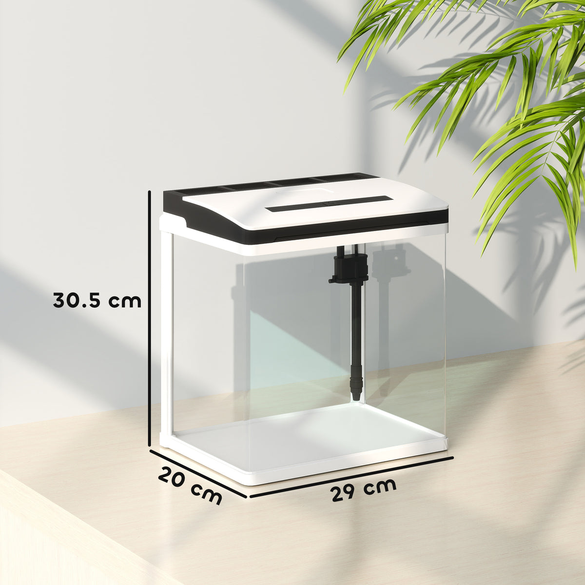 Glass aquarium with filter and lid; measures 29 by 20 by 30.5 cm