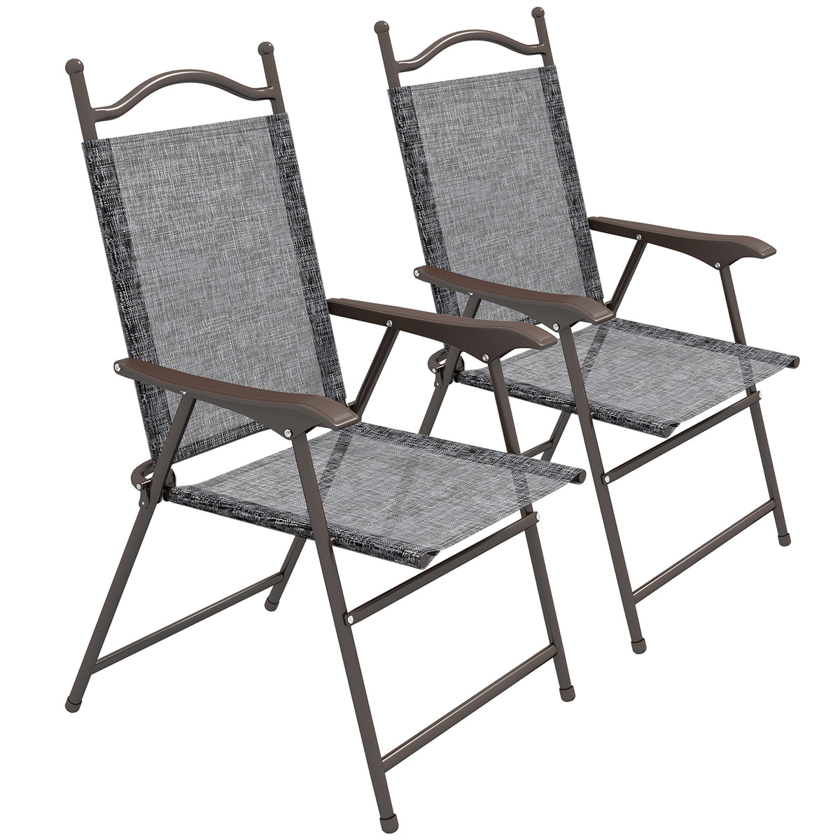 Two folding garden chairs with gray mesh seats, backs, and dark metal frames