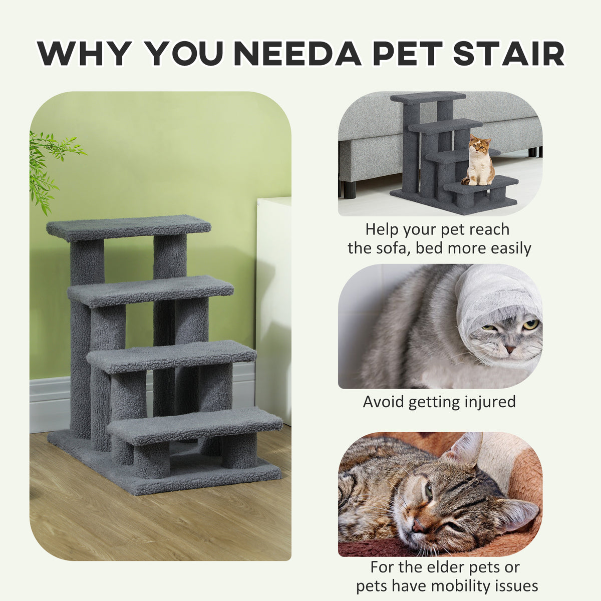 Grey plush pet stairs beside a sofa, designed to help pets climb up
