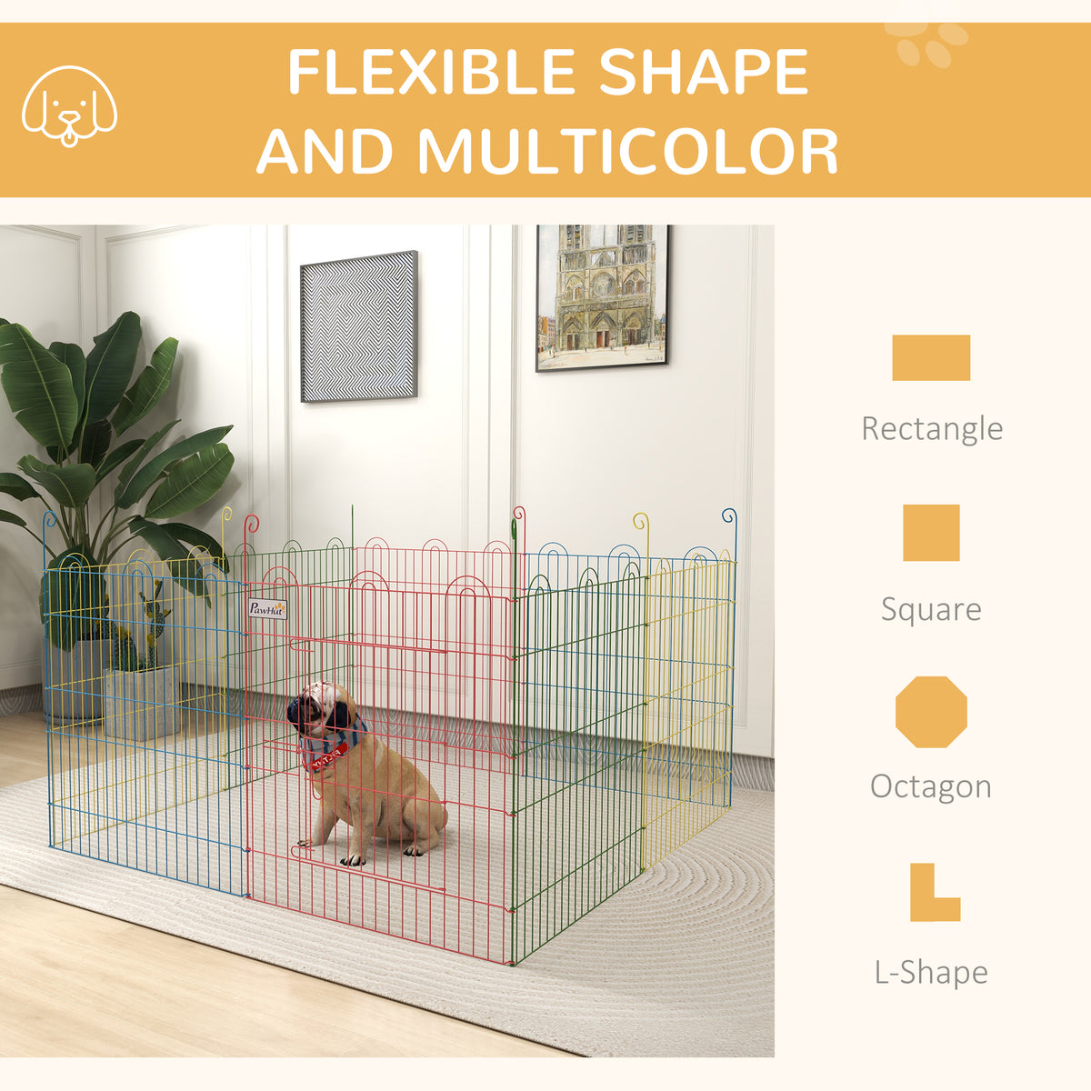 Multicolor metal pet playpen shown in a rectangular shape with a door