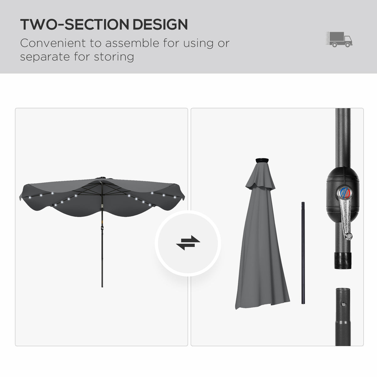 Outsunny Solar Patio Umbrella with LED and Tilt, Outdoor Market Table Umbrella Parasol with Crank, 3 x 3 (m), Dark Grey