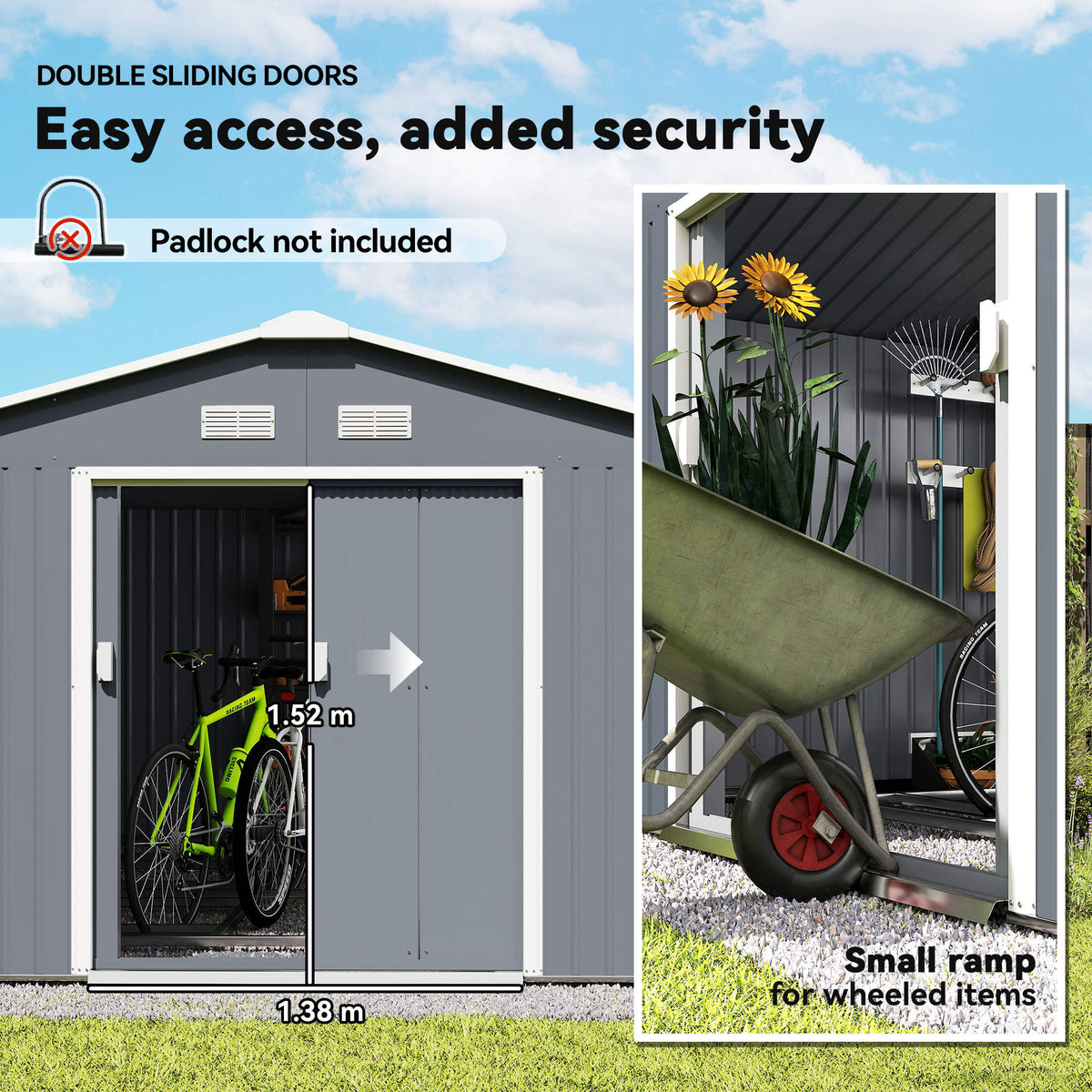 Outsunny grey metal shed with sliding double doors and a low ramp for wheeled items