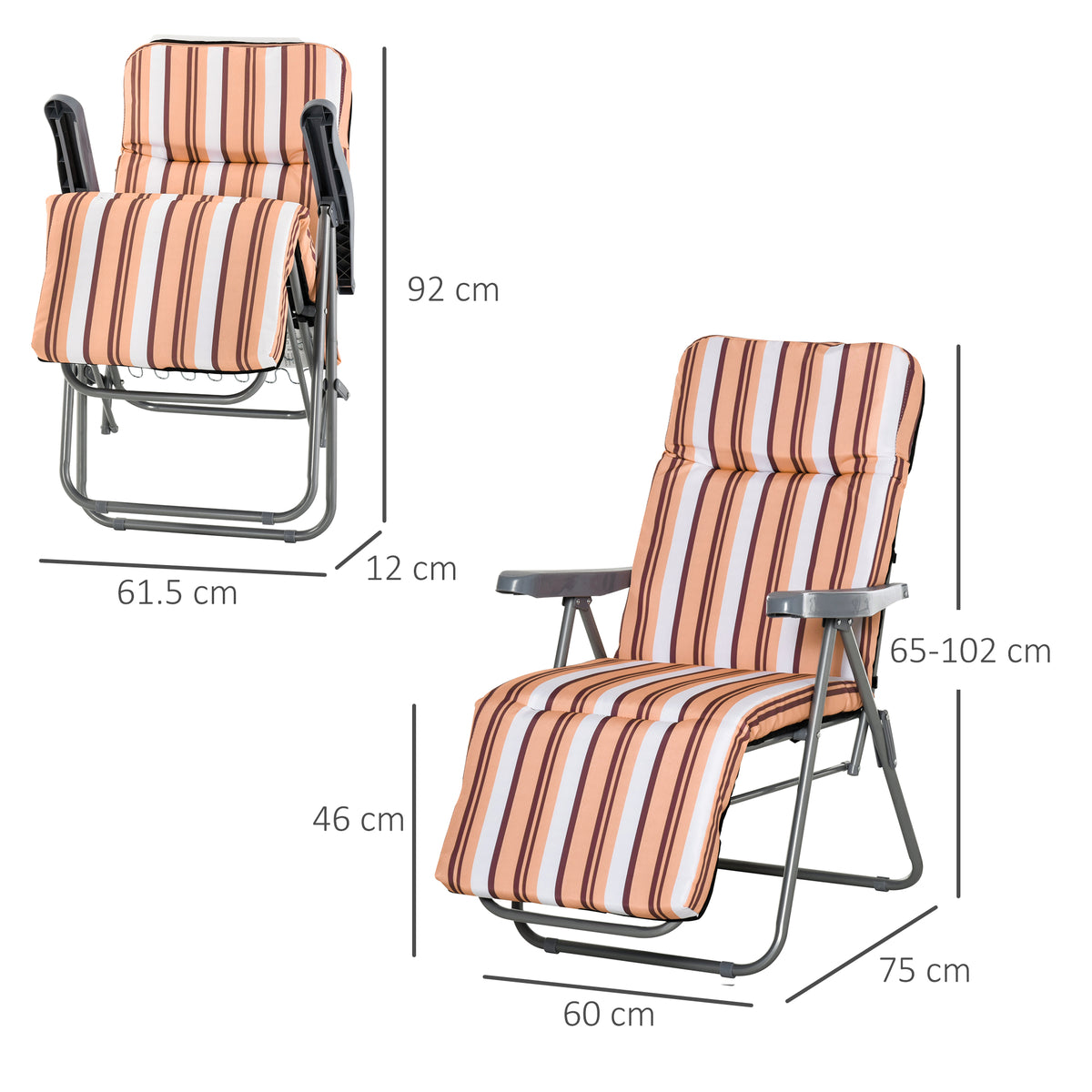 Striped reclining garden chair shown folded and open with size measurements