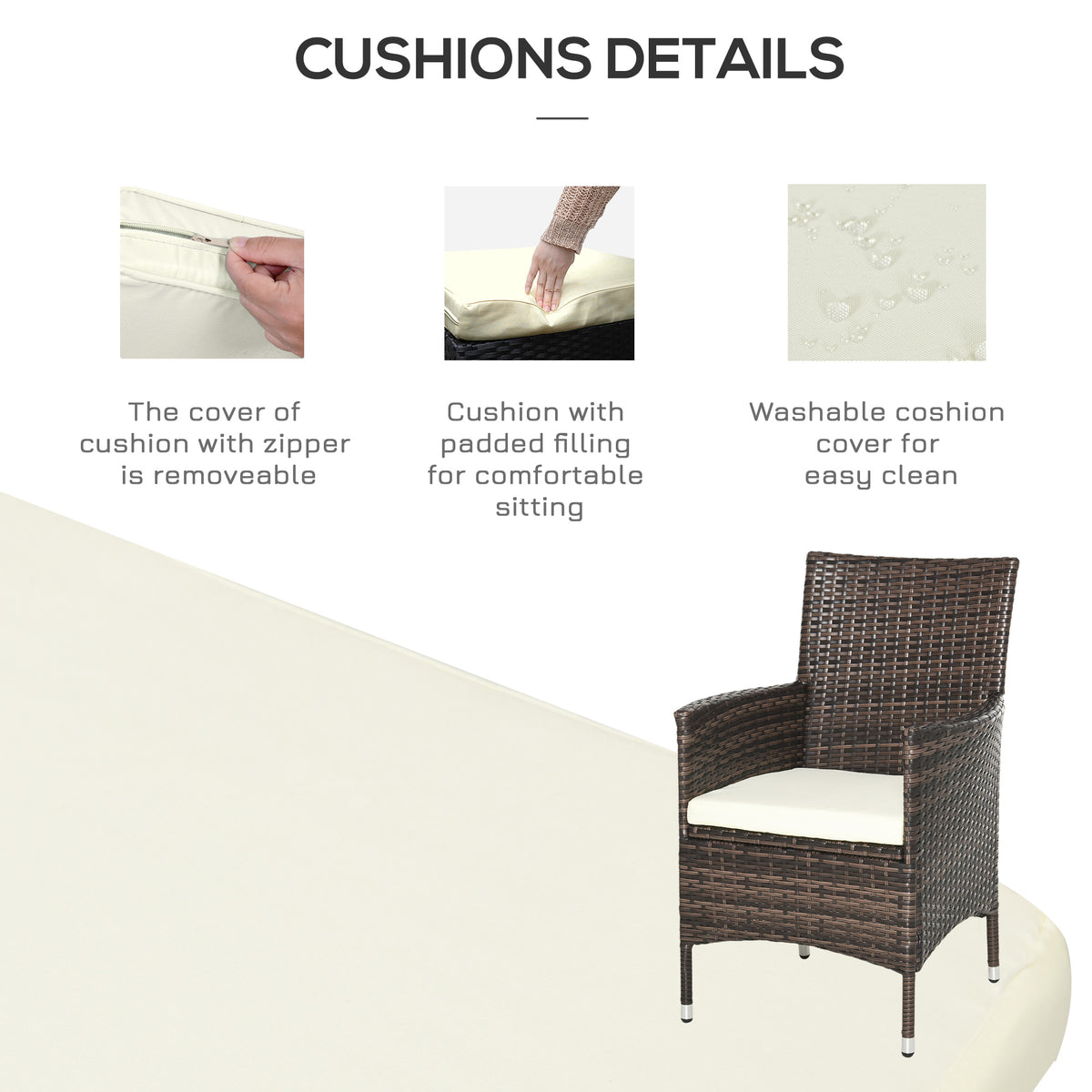 Brown rattan chair with a cream cushion and removable, washable zip cover