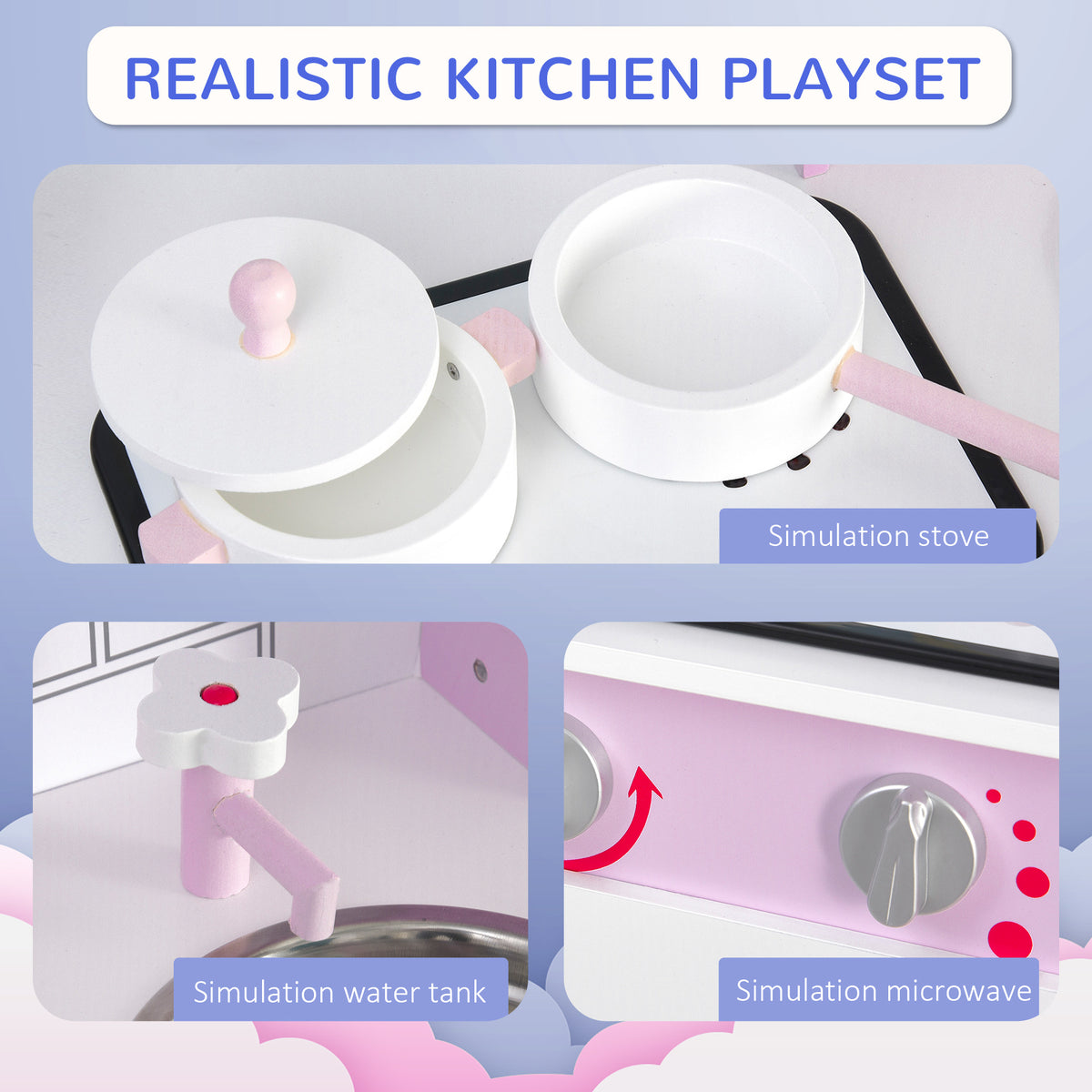 Pretend kitchen playset details: toy pots, stove, faucet, and turning oven knob
