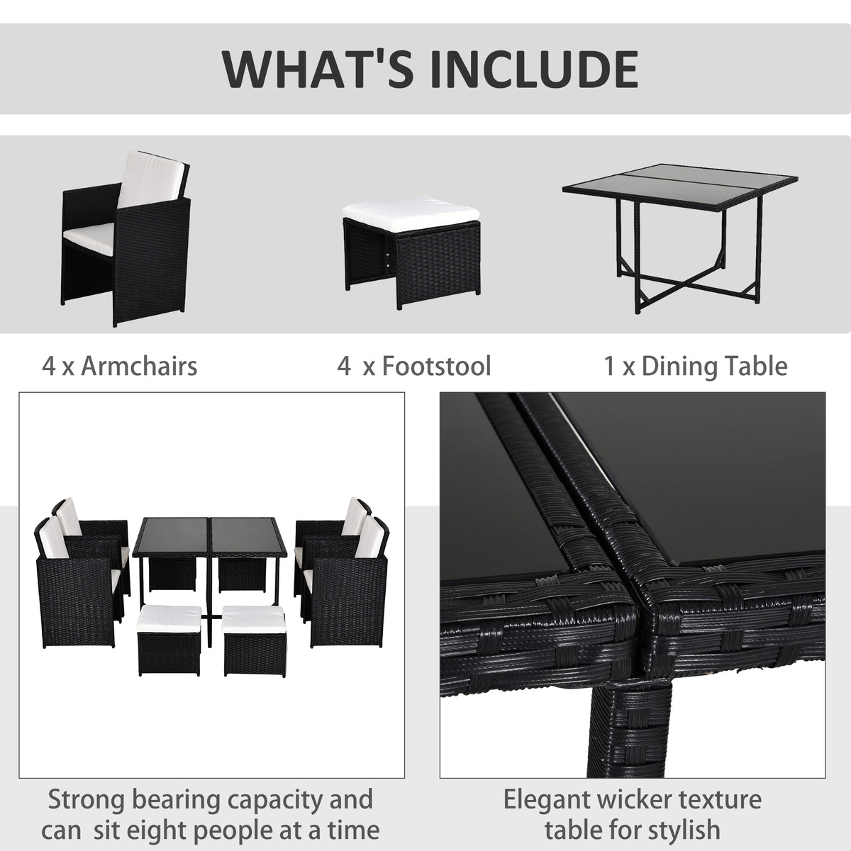 Outsunny 9 Piece Rattan Cube Garden Furniture Dining Set with Armchairs, Footstools and Glass-Top Table, Black