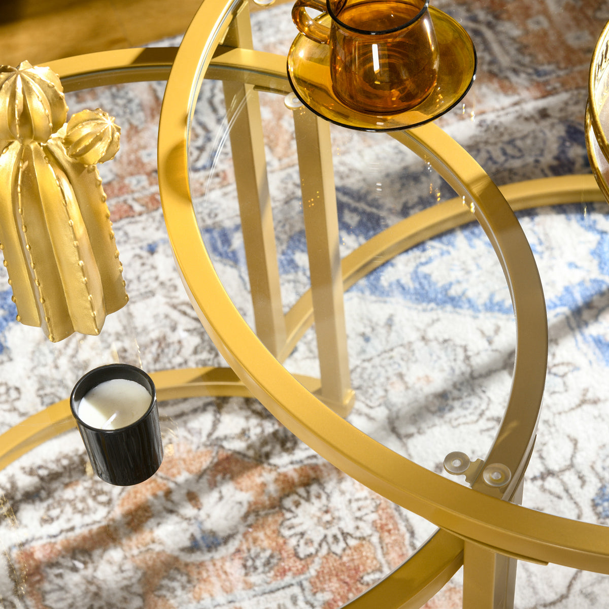 HOMCOM Coffee Table Set of 2, Modern Nest of Tables with Tempered Glass Top, Steel Frame for Living Room, Gold Tone