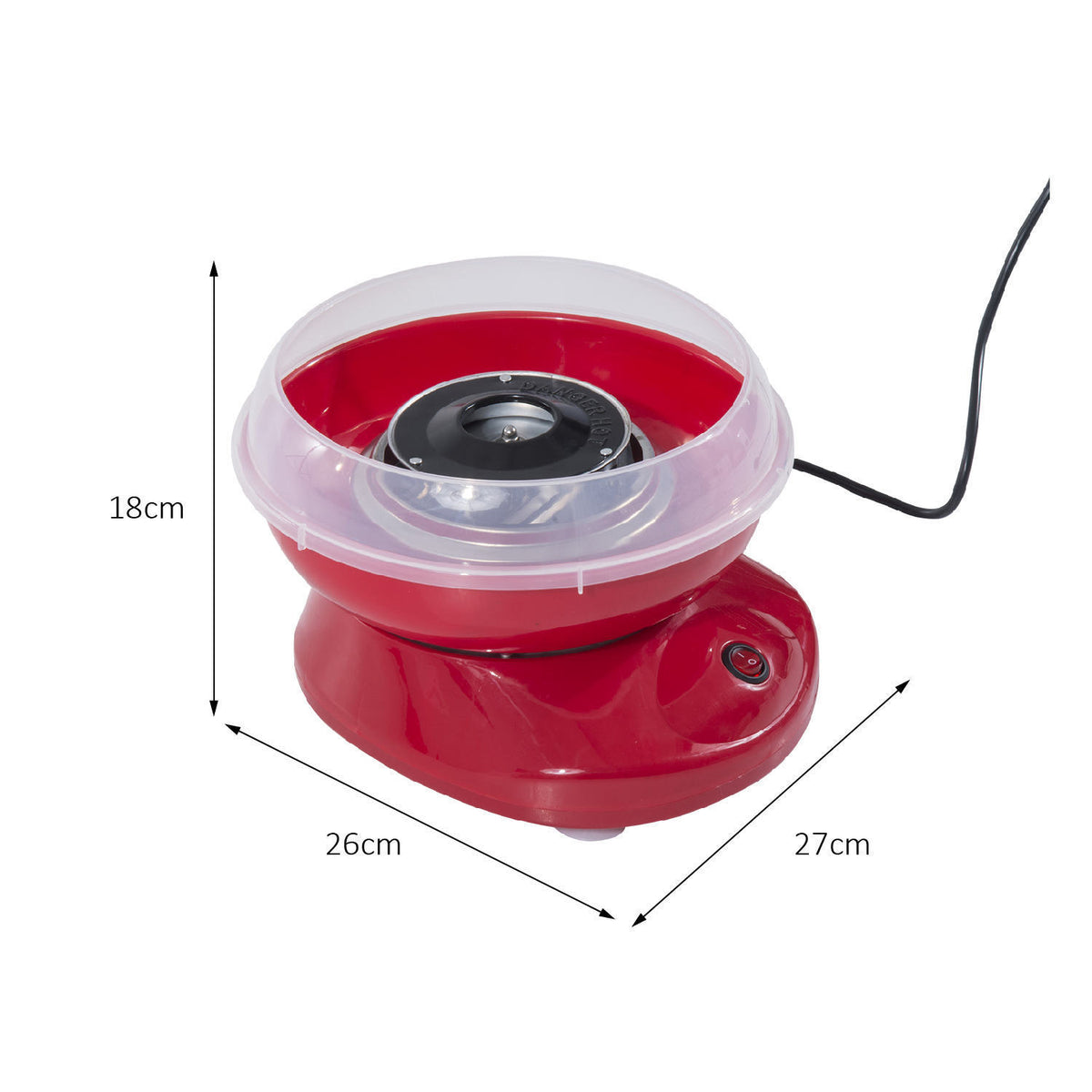 Red HOMCOM cotton candy maker with clear bowl and power cord; dimensions shown.