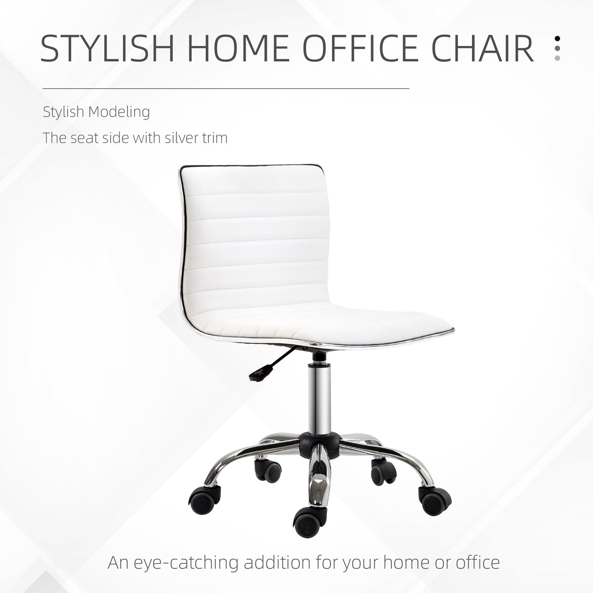 White home office chair with a padded mid-back, silver trim, and chrome caster base