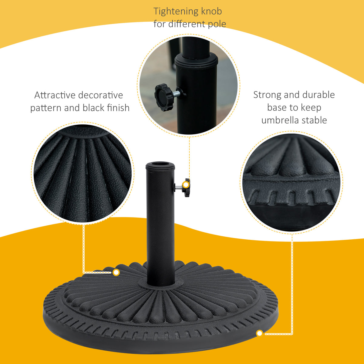 Black parasol base with close-ups of its tightening knob and textured ribbed surface