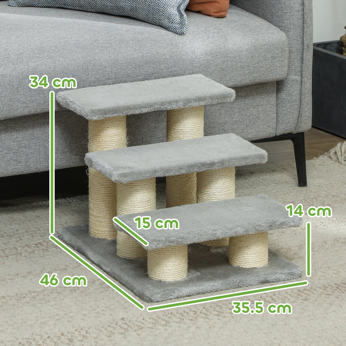 Gray plush three-step pet stairs with sisal-wrapped posts and dimension markings.