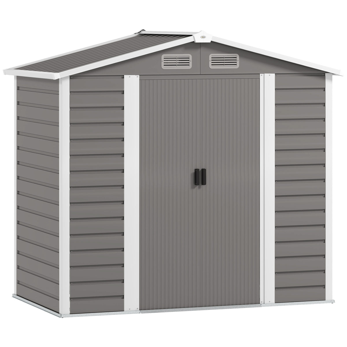 Outsunny light grey metal garden shed with double doors, vents and pitched roof