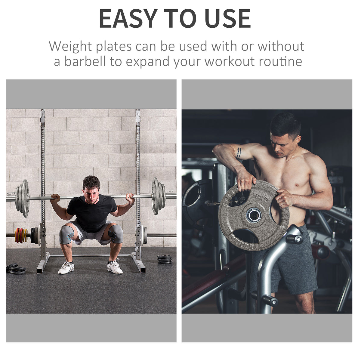HOMCOM cast iron weight plate shown on a barbell and held by hand