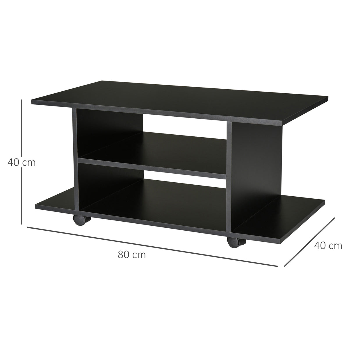 Black HOMCOM TV stand with open shelves and caster wheels, 80 by 40 by 40 cm
