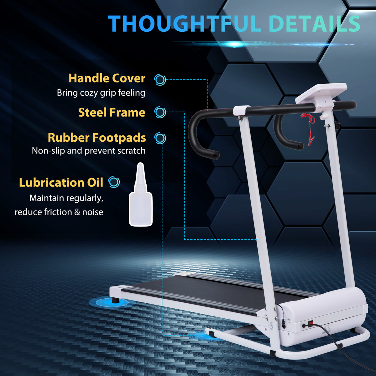 White treadmill with black handrails and running belt, highlighting frame, grips and footpads
