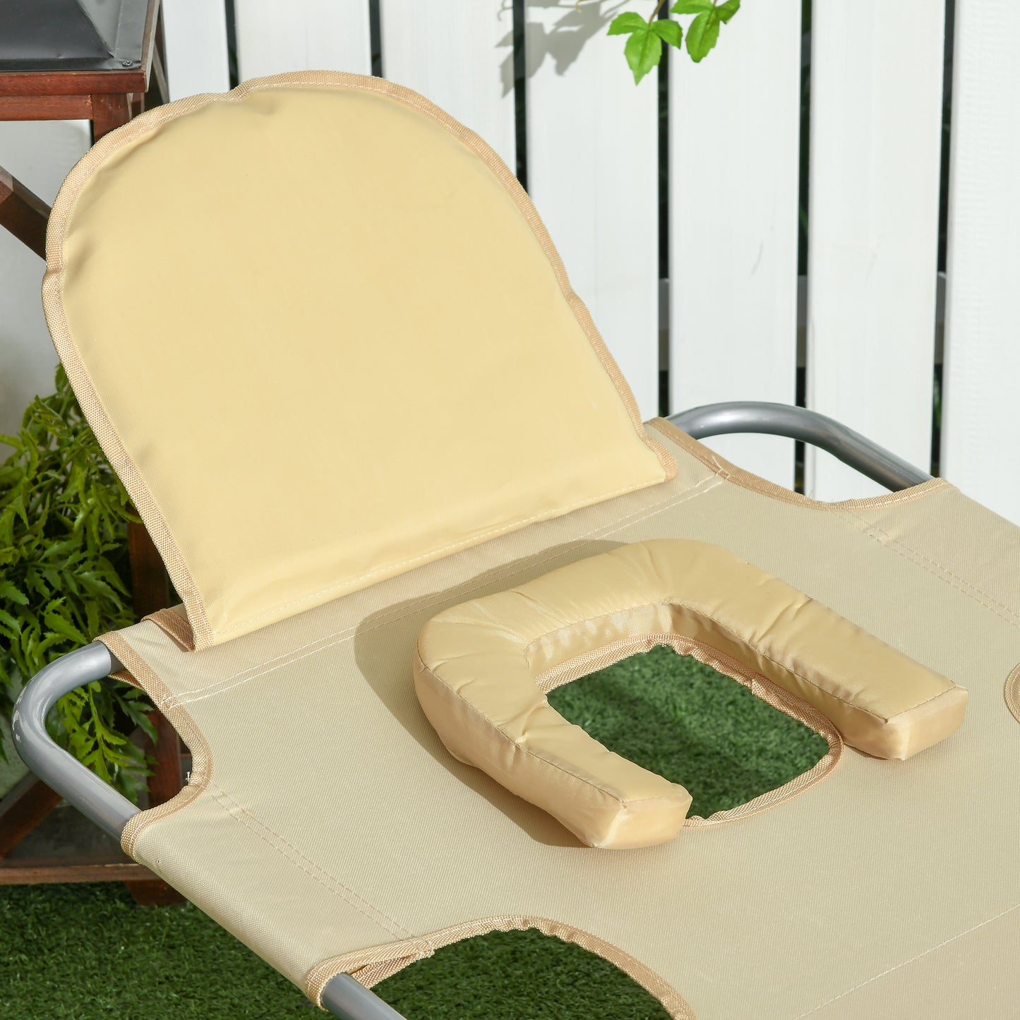 Outsunny Foldable Sun Lounger, Beach Chaise Lounge with Reading Hole, Arm Slots, 5-Position Adjustable Backrest, Side Pocket, Pillow for Garden, Beach, Camping, Beige