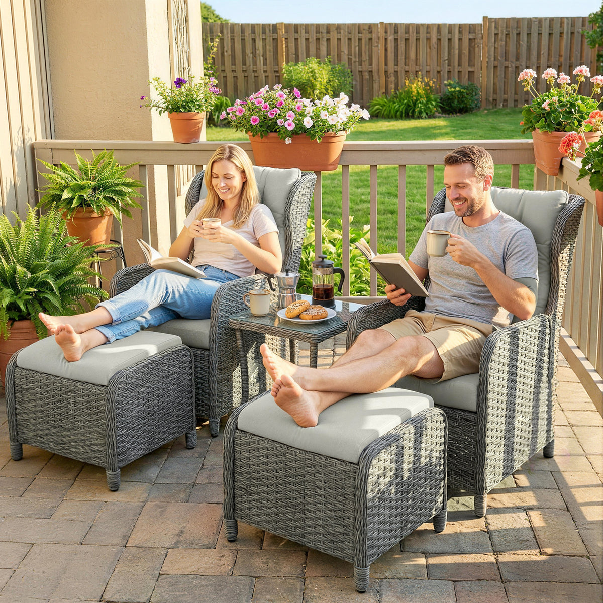 Outsunny Rattan Reclining Garden Chair Set of 2 with Footstool and Cushion for Balcony, Cream