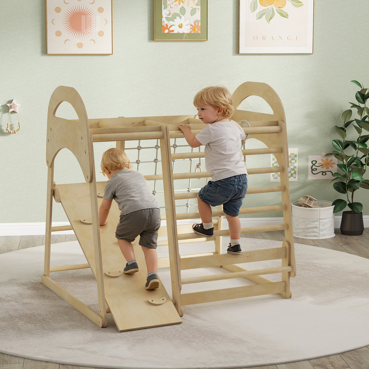 AIYAPLAY 6 in 1 Kids Climbing Frame with Slide, Monkey Bars, Gymnastics Rings, Ladder, Climbing Net, for 3-6 Years, Natural Tone
