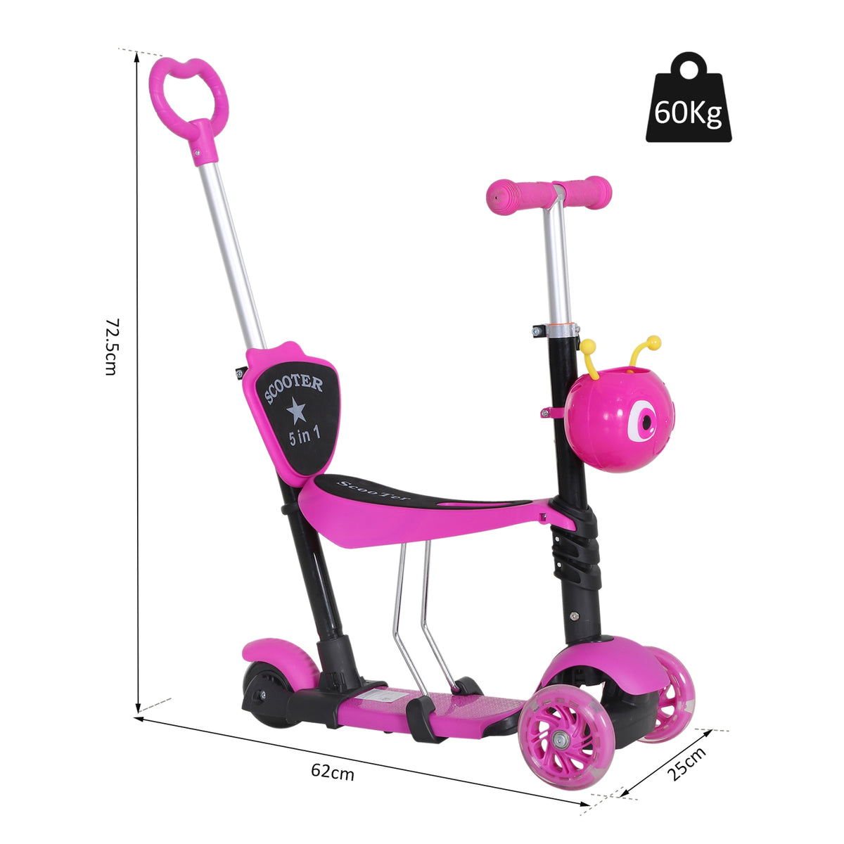 Pink toddler scooter with removable seat, 60 kg capacity and labeled dimensions
