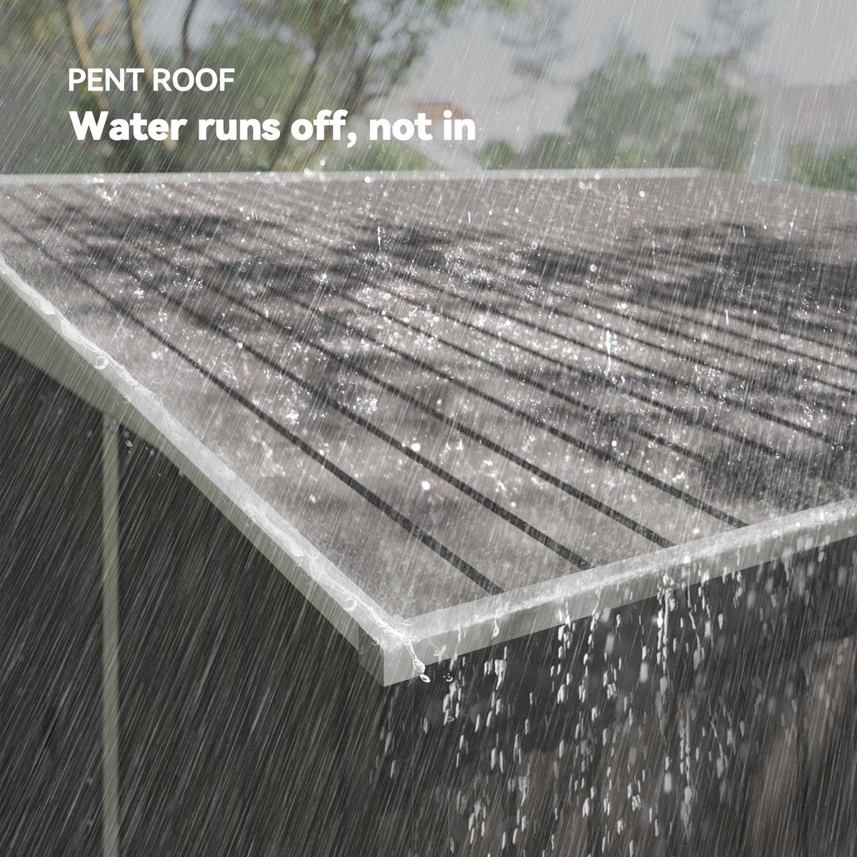 Close-up of the shed's sloped metal roof shedding rainwater