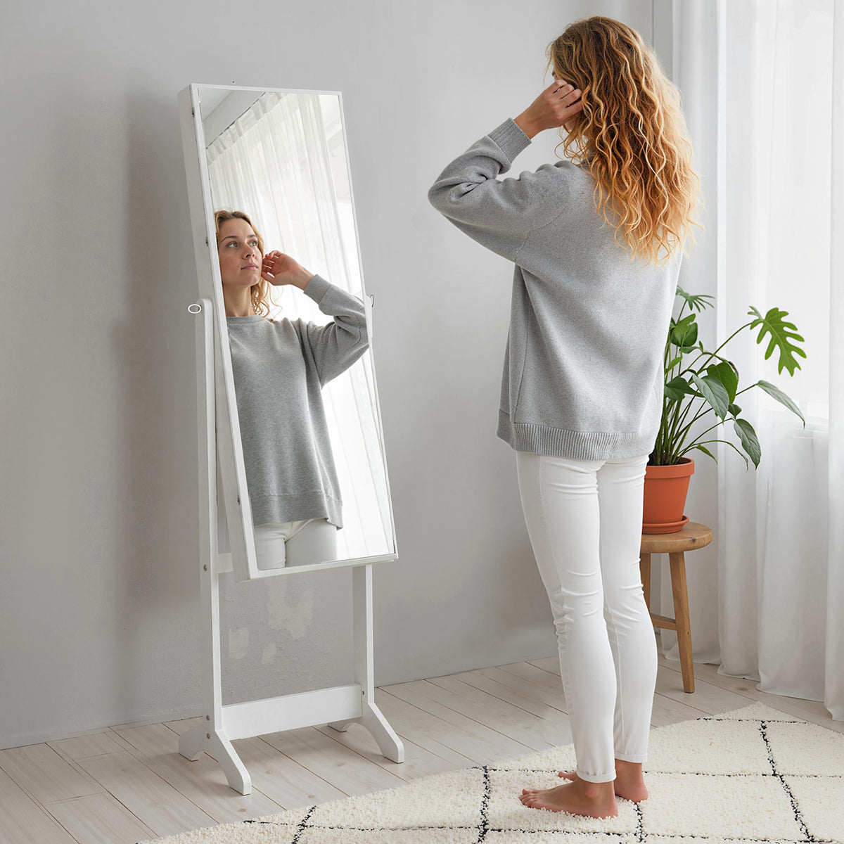 HOMCOM Full Length Mirror with Storage, Jewellery Cabinet with Mirror, Adjustable Angle and Stand, Lockable Jewellery Organiser for Bedroom Dressing Room, White