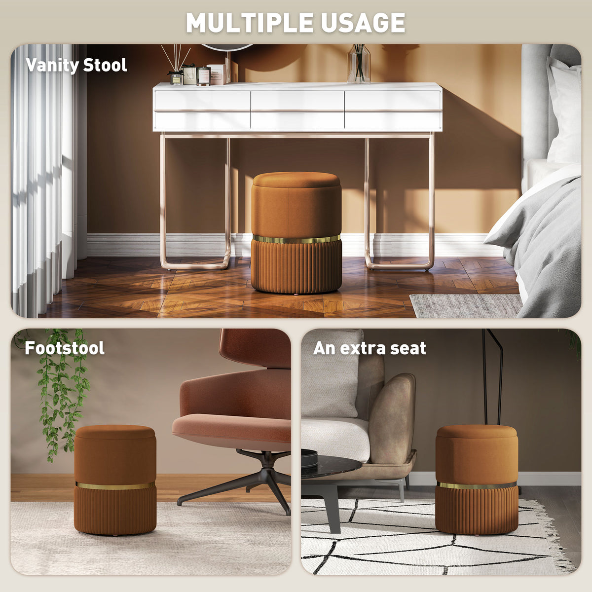 Brown storage ottoman shown as a vanity stool, footrest, and extra seat