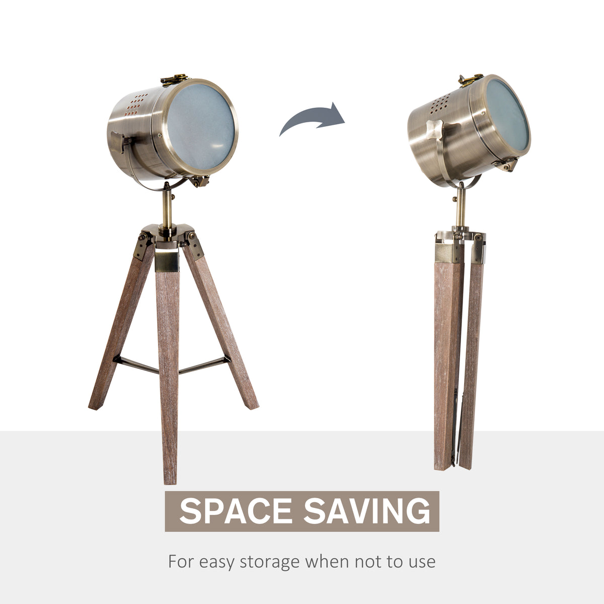 HOMCOM tripod table lamp shown with its wooden legs extended and folded for storage