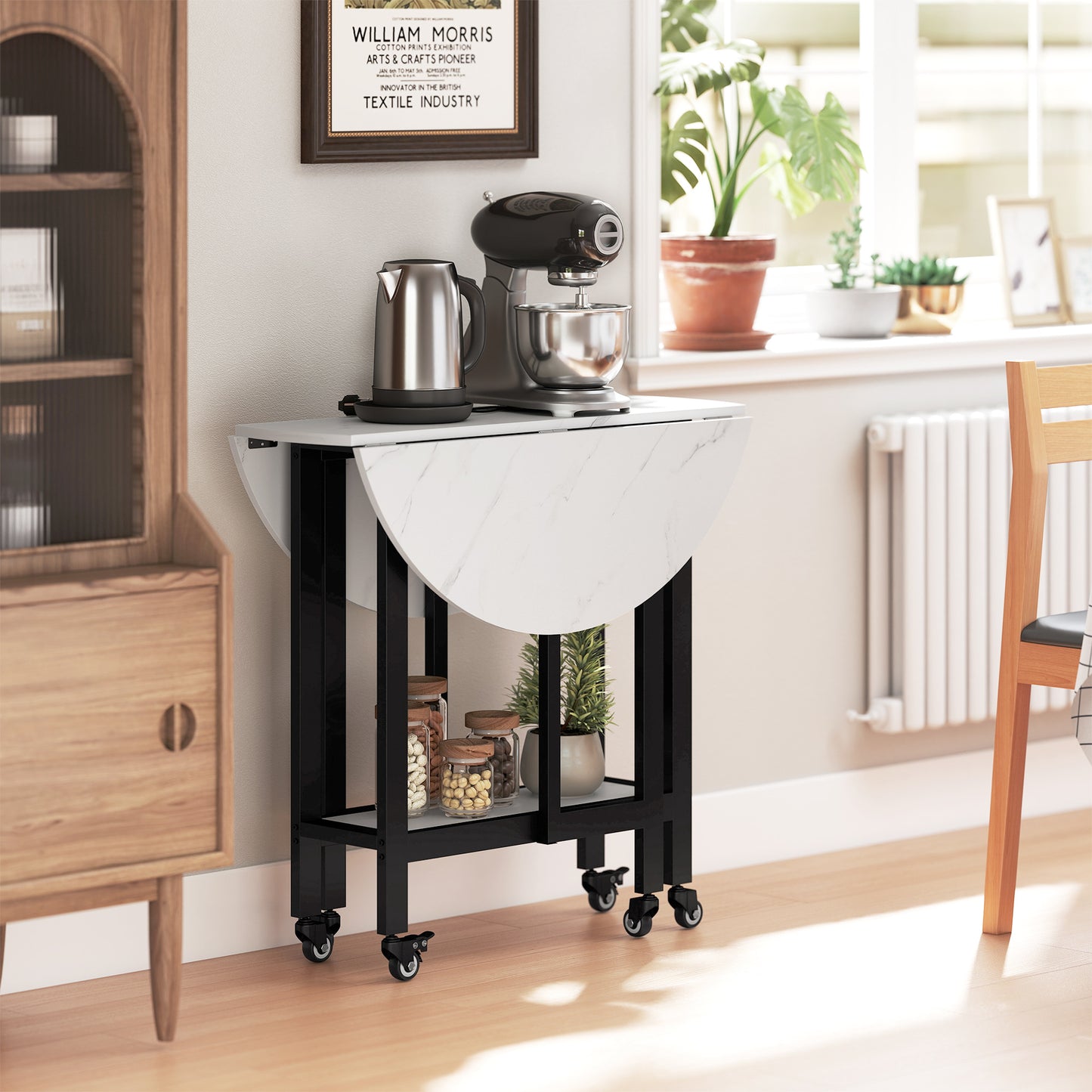 HOMCOM Folding Dining Table, Drop Leaf Table with Open Shelf, Rolling Kitchen Table for Dining Room, Small Spaces, White Marble