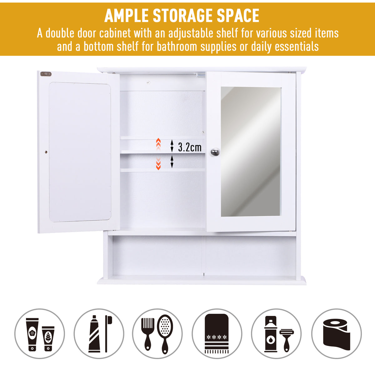 White wall-mounted bathroom cabinet with two doors, one mirrored, adjustable shelf and open lower shelf