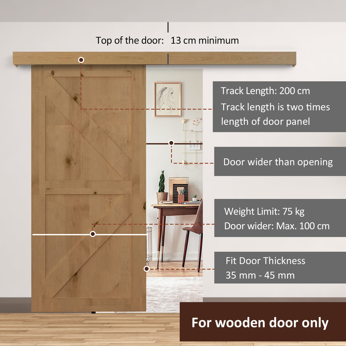 Wooden barn door installed on sliding track; diagram lists fit and weight limits