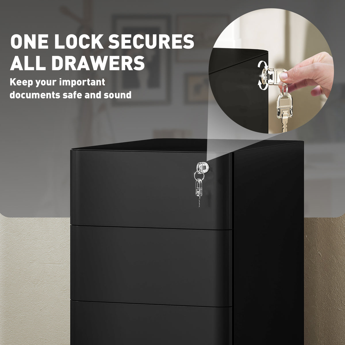 Vinsetto black filing cabinet with a key lock securing all three drawers