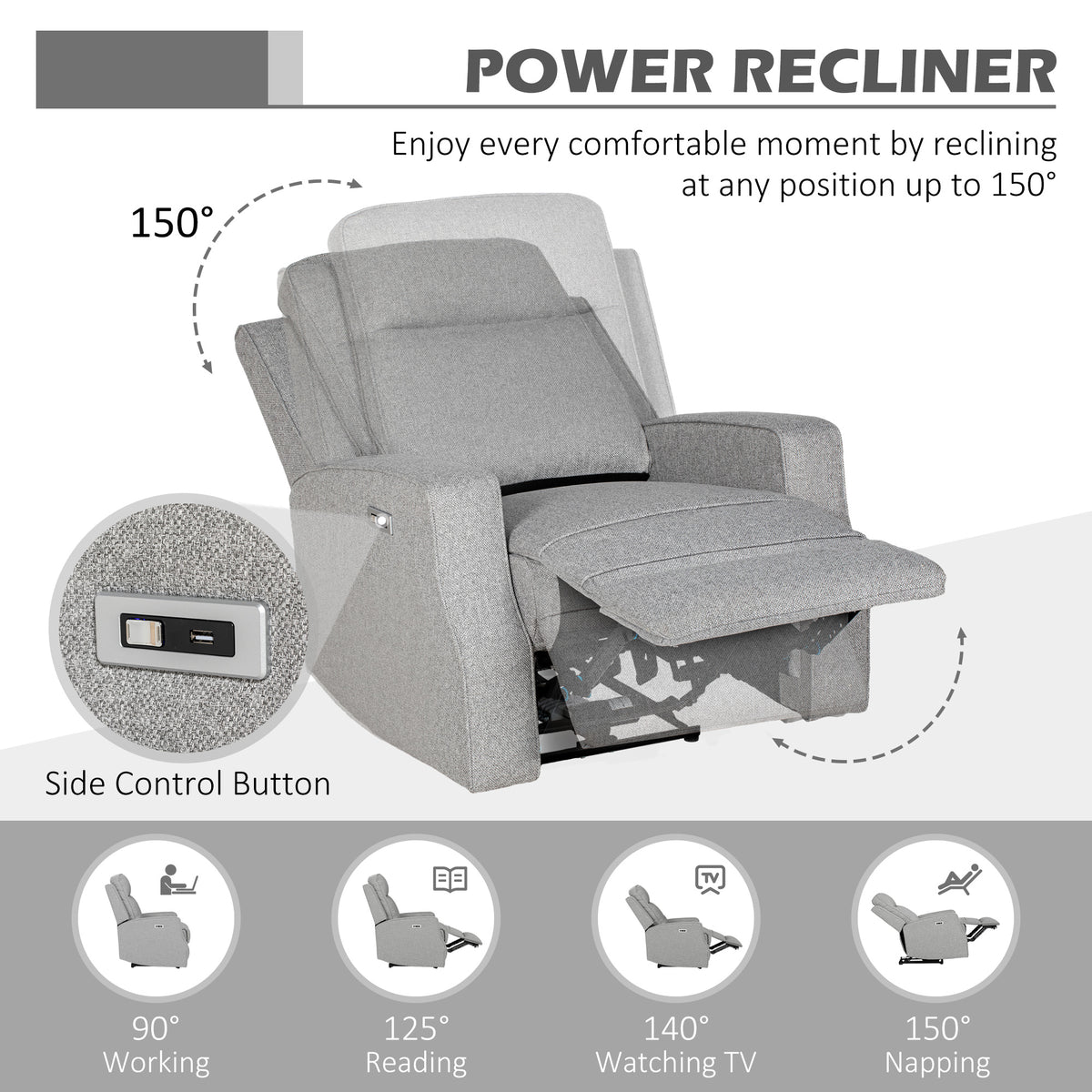 Grey power recliner with raised footrest and side control button