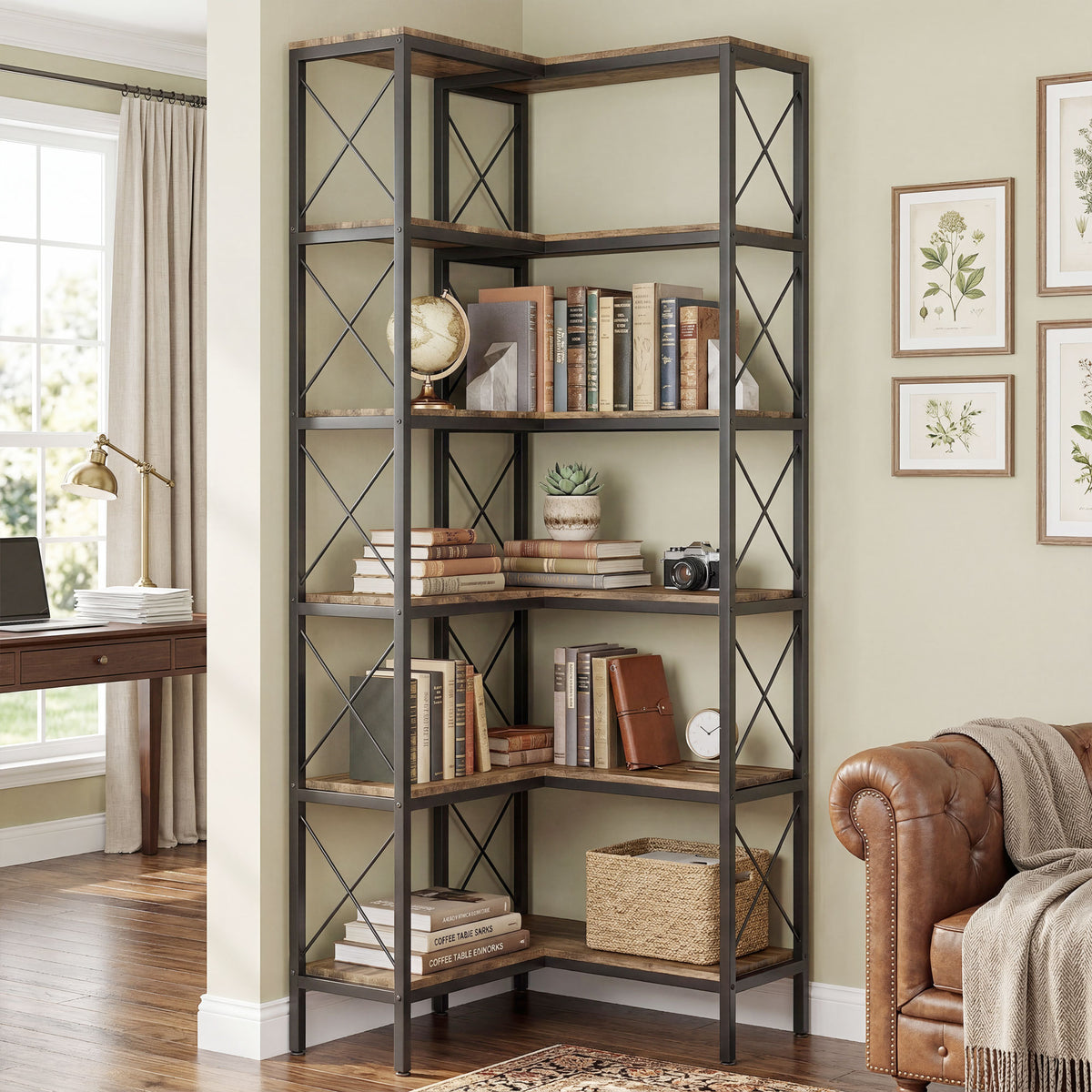 HOMCOM 5-Tier L-Shaped Bookshelf, Freestanding Corner Bookcase with Metal Frame, Rustic Brown