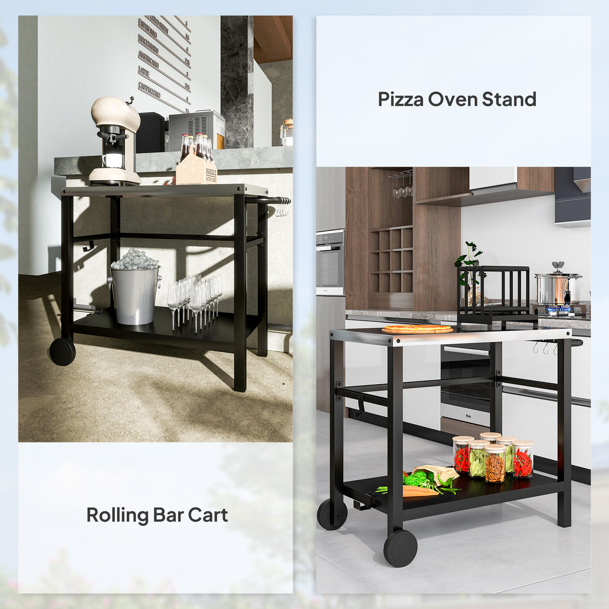 Outsunny rolling grill cart shown as a bar cart and pizza oven stand