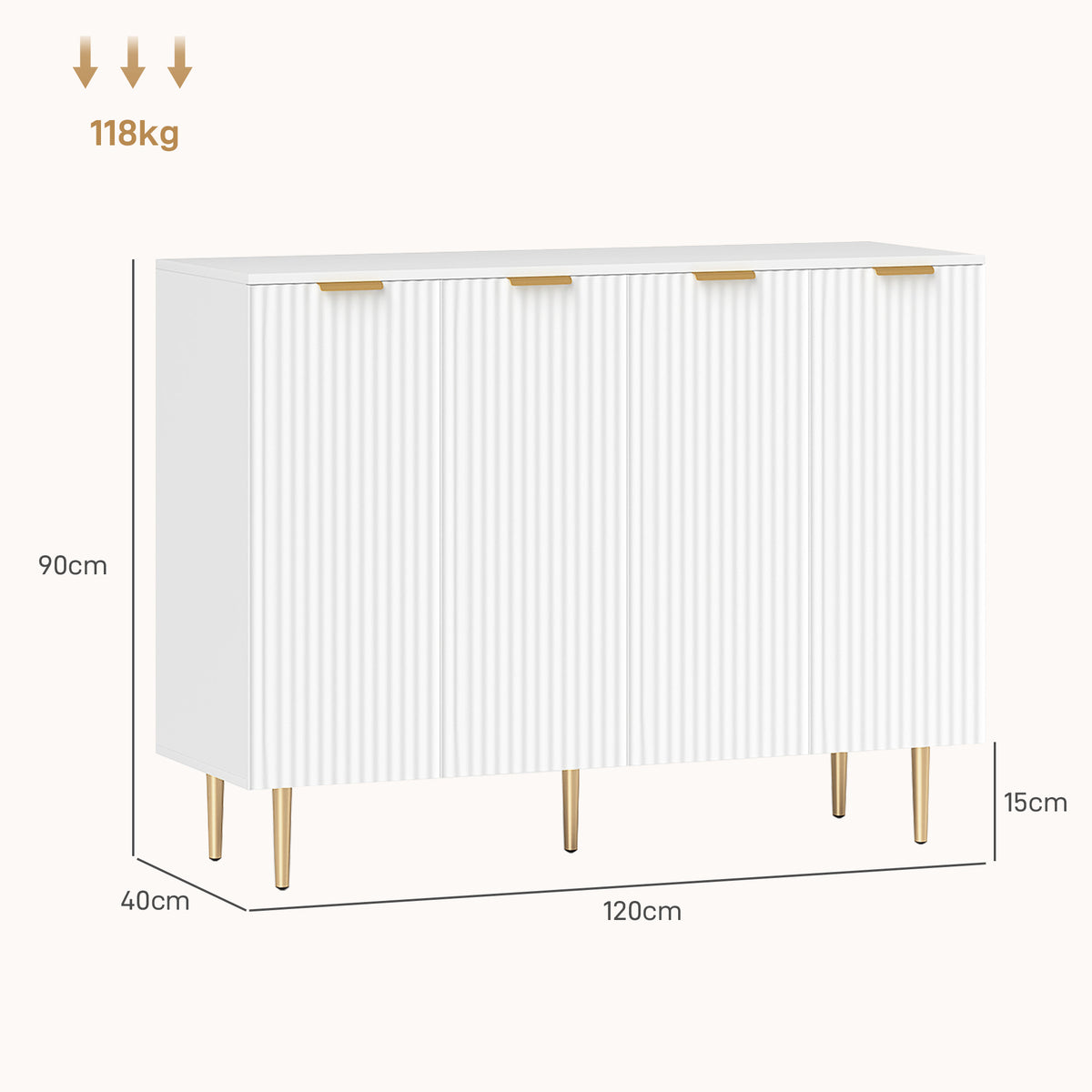 HOMCOM white sideboard with four ribbed doors, gold legs, and 120 cm width