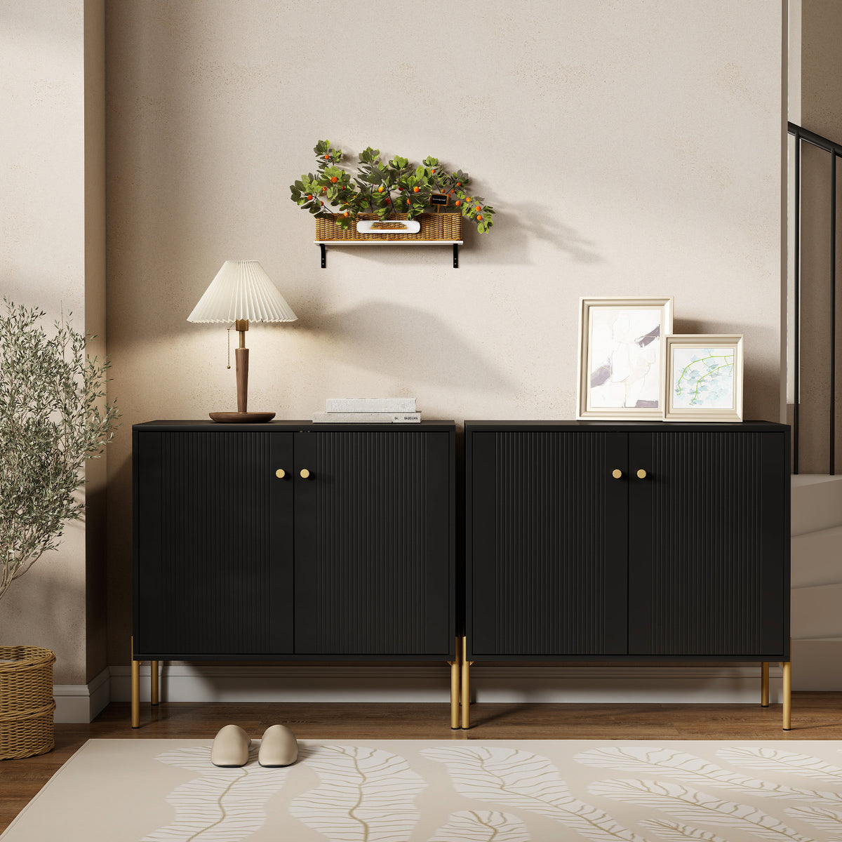 HOMCOM Sideboard Buffet Cabinet, Coffee Bar Cabinet with Fluted Doors and Adjustable Shelf, Black
