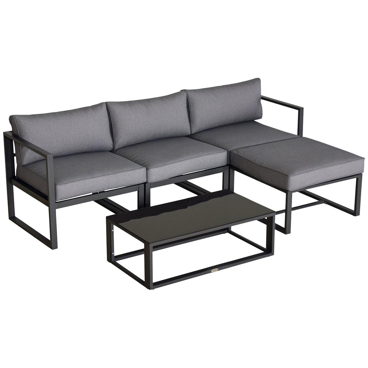 Outsunny five-piece patio furniture set with gray cushions, black frame and glass coffee table