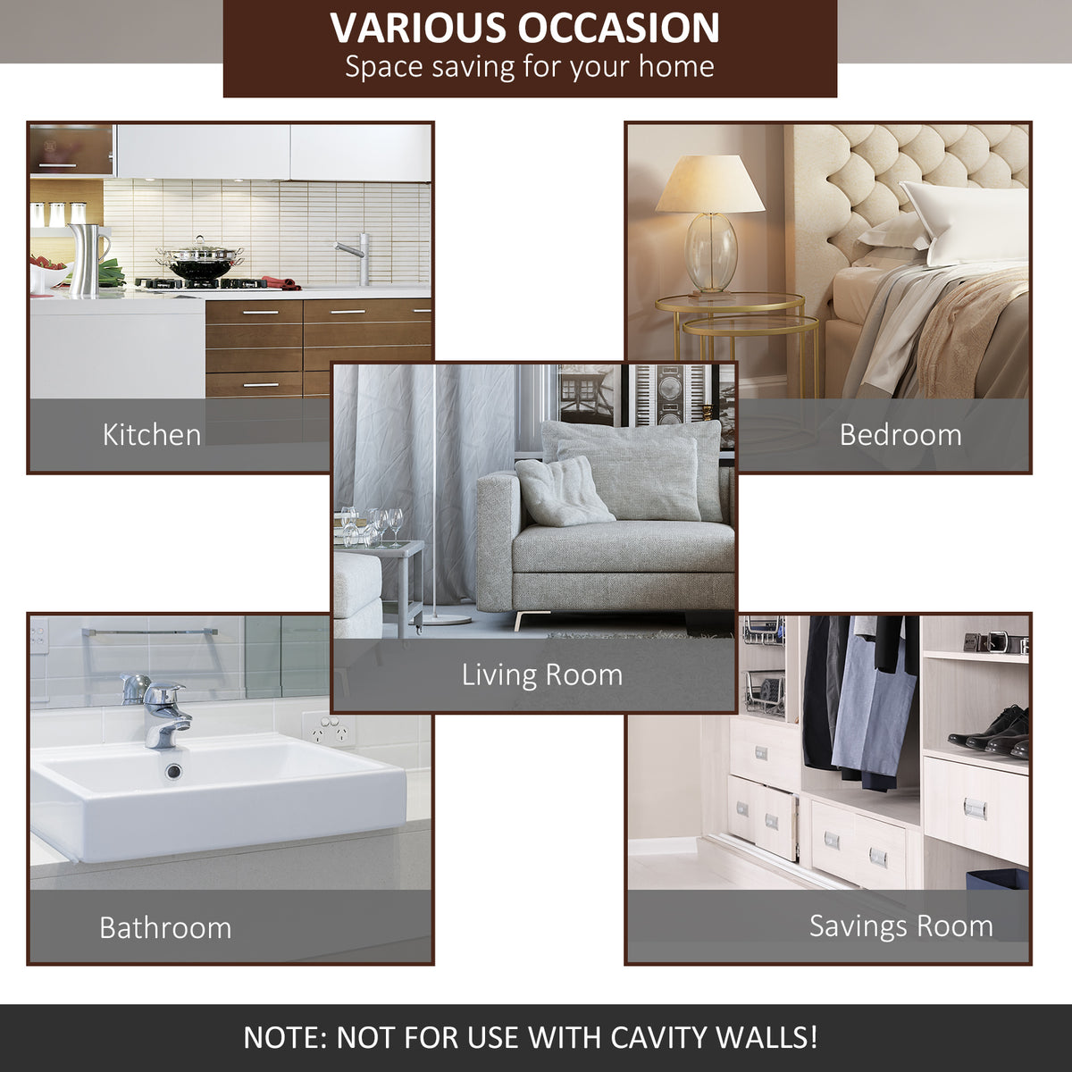 Sliding barn door track kit shown in kitchen, bedroom, living room, bathroom and closet settings