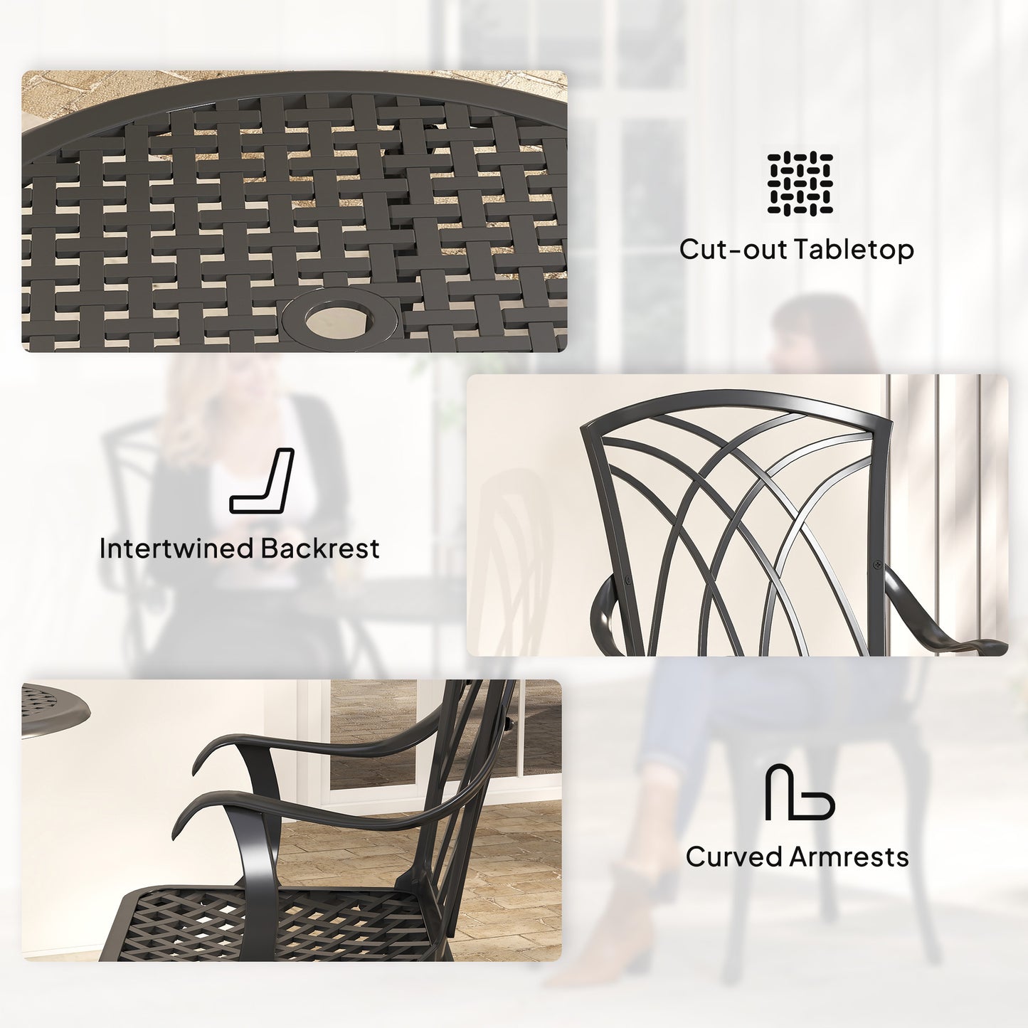 Outsunny 3 Pieces Garden Dining Set for 2, Cast Aluminium Outdoor Dining Set with 2 Armchairs and Round Dining Table with Parasol Hole, Garden Furniture Bistro Set, Brown