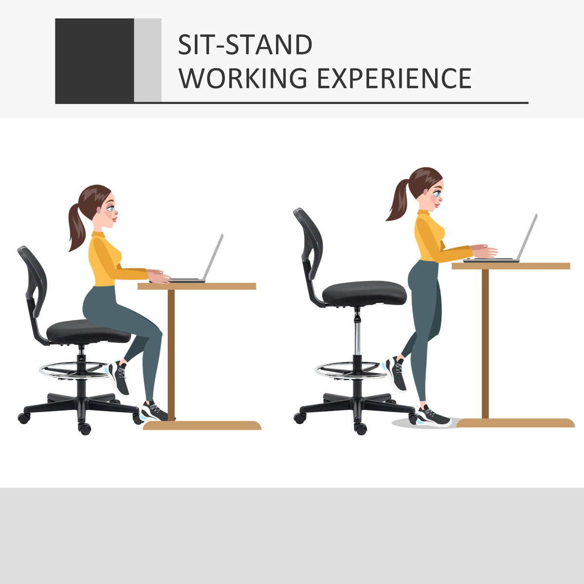Standing desk chair shown for seated and standing desk use