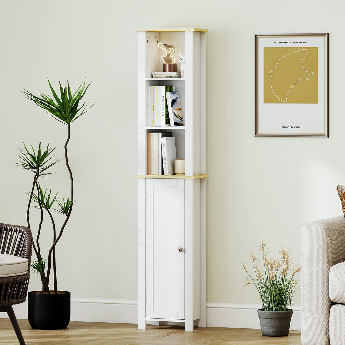 kleankin Slim Bathroom Storage Unit with Open Compartment, Bathroom Storage Cabinet with Adjustable Shelf, 34 x 23 x 165 cm, White