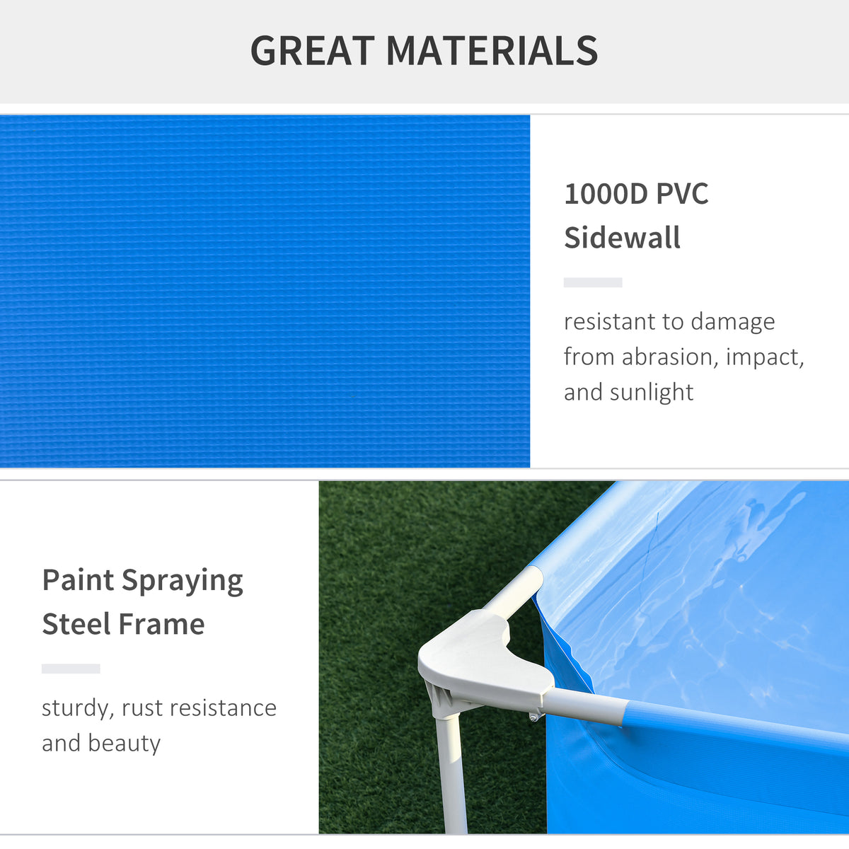 Blue PVC pool sidewall and white steel frame corner connector
