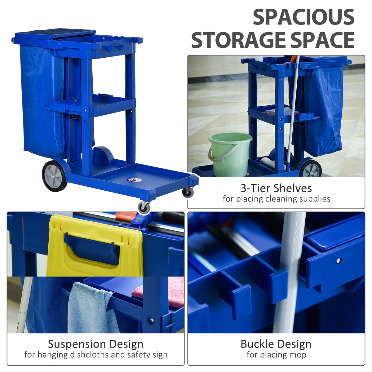 Blue janitor trolley with three shelves, hanging hooks and a mop holder.